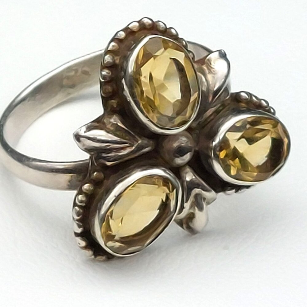 Citrine Trilogy Sterling Silver Art Deco Ring Size 5.5